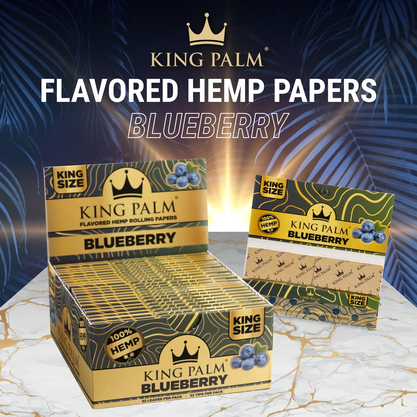 King Palm Hemp Flavored Rolling Papers & Tips 22ct Display – King Size | 3-Flavors (Tobacco Free)