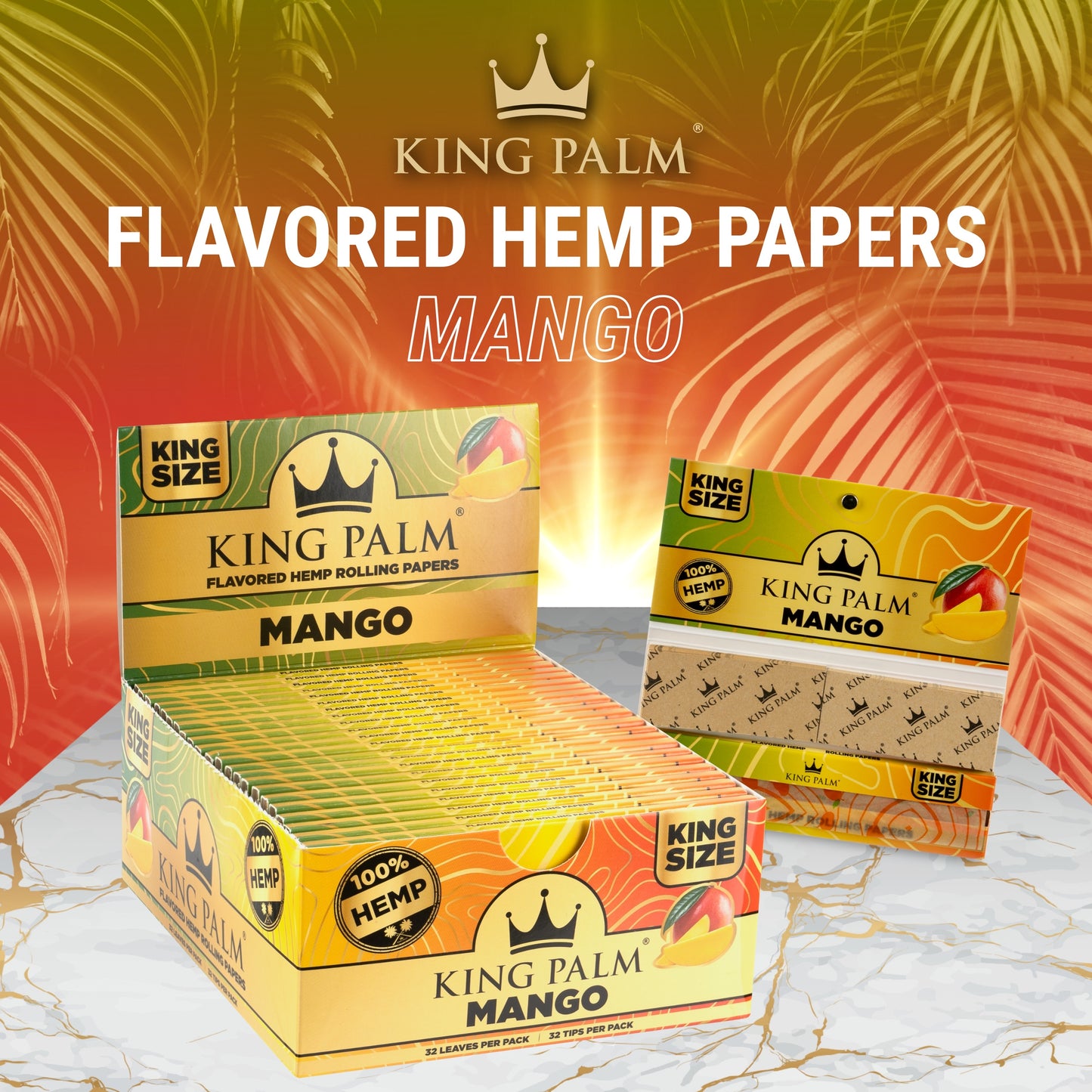 King Palm Hemp Flavored Rolling Papers & Tips 22ct Display – King Size | 3-Flavors (Tobacco Free)