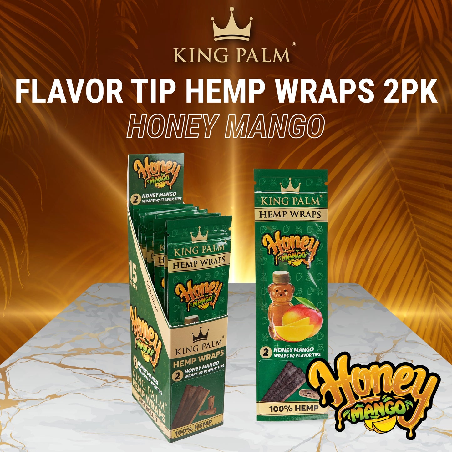 King Palm 2pk Hemp Wraps 15ct Display | 3-Flavors (Tobacco Free)